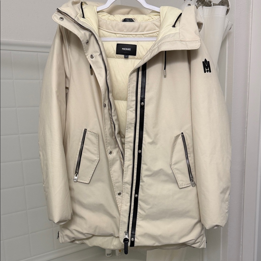 Cream Hooded Puffer Jacket with Black Trim